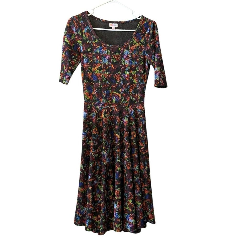 LULAROE DRESS WOMEN'S SIZE SMALL BLACK FLORAL Colorful Fit & Flare Cottagecore